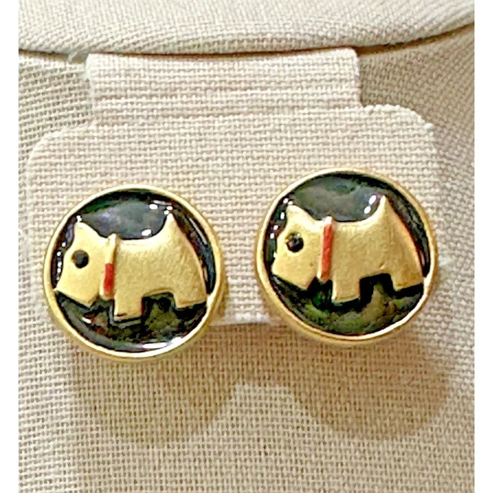 Vintage Black Enamel Dog Button Earrings Gold Tone‎ Accent Red Collar READ